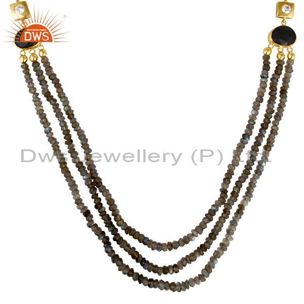 Exporter 18K Yellow Gold Plated Sterling Silver Labradorite And Black Onyx Beads Necklace