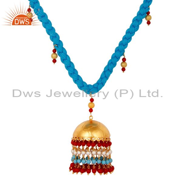 Exporter White Pearl Coral and Turquoise Indian Traditional 18K Gold Plated Necklace