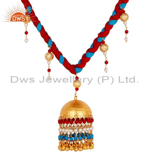Exporter White Pearl Coral and Turquoise Indian Handcrafted 18K Gold Plated Necklace