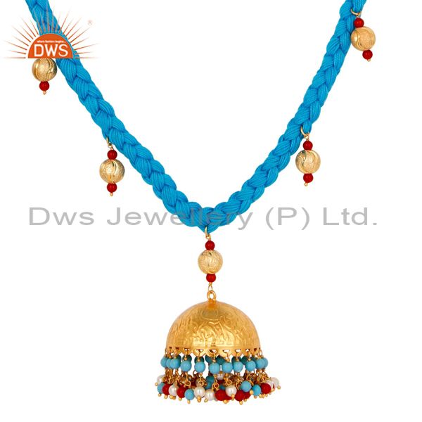 Exporter Indian Handcrafted Turquoise Coral and White Pearl 18K Gold Plated Necklace
