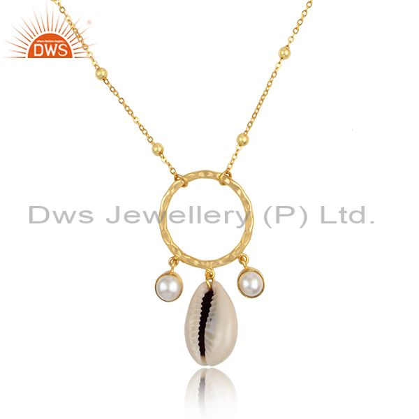 Cowrie And Pearl Round Pendant And Brass Gold Necklace