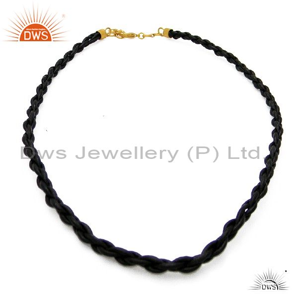 Exporter Handmade Unisex Braided Black Leather Knit Adjustable Necklace Lobster Clasp 18K