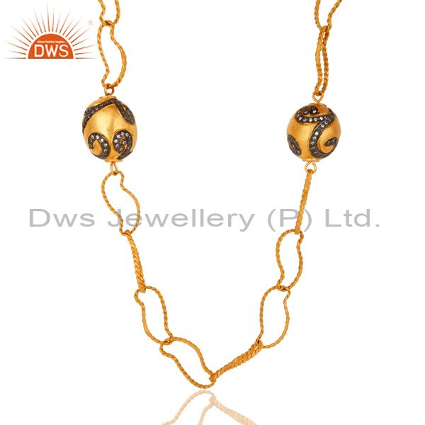 Exporter 22K Gold Plated Brass Twisted Wire Link Chain Necklace With CZ Spheres