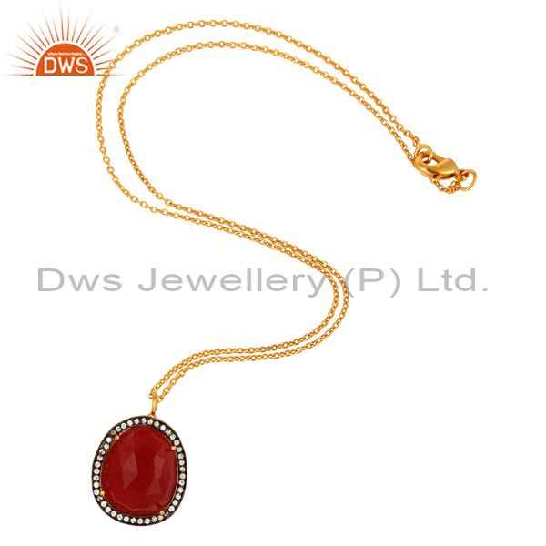 Exporter Faceted Red Aventurine Pendant With CZ Made In 24K Gold Over Brass