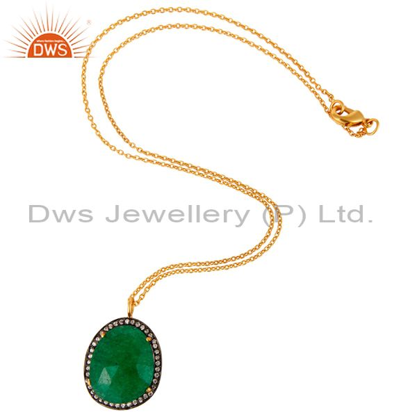 Exporter 22K Yellow Gold Plated Green Aventurine and Cubic Zirconia Pendant With Chain