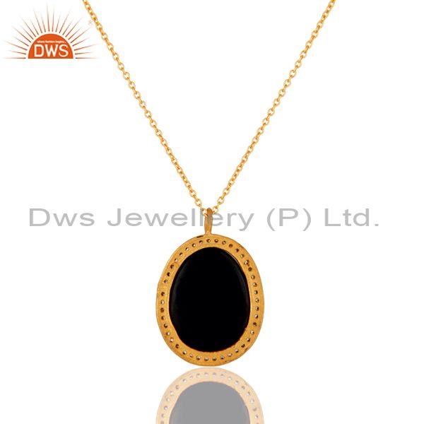 Exporter 22K Yellow Gold Plated Black Onyx and Cubic Zirconia Pendant With Chain