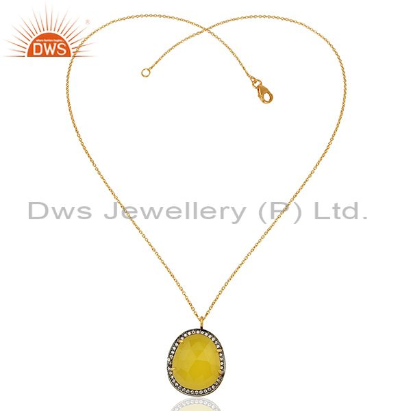 Exporter Yellow Chalcedony Gemstone CZ Gold Plated 925 Silver Chain Pendant