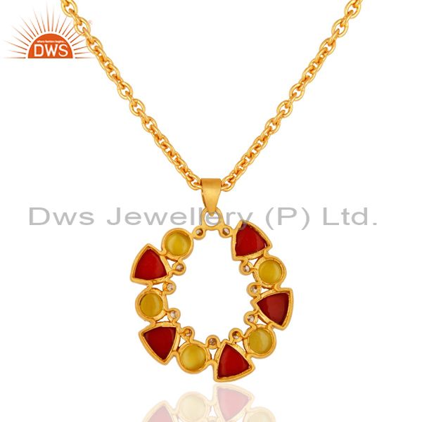 Exporter Handmade Yellow Moonstone And Coral Gemstone Pendant Necklace - 14K Gold Plated