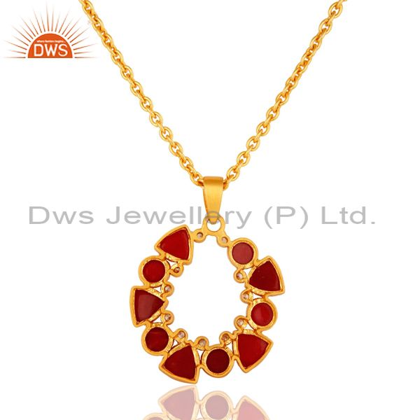 Exporter Handmade Red Aventurine And CZ Gold Plated Pendant With 16" Inch Chain