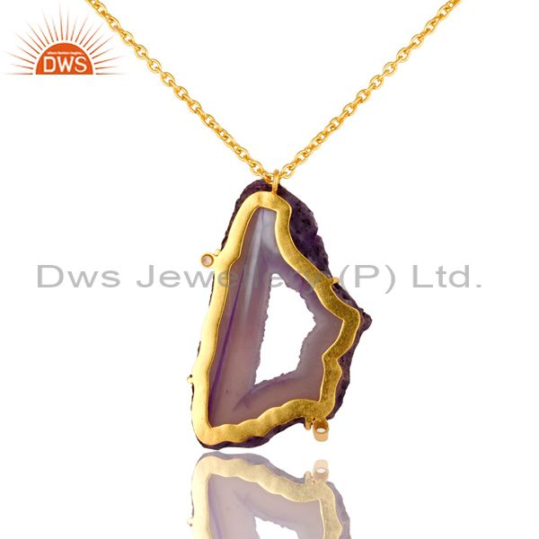 Exporter Purple Druzy Agate Yellow Gold Plated Pendant Chain Necklace With Lobster Lock