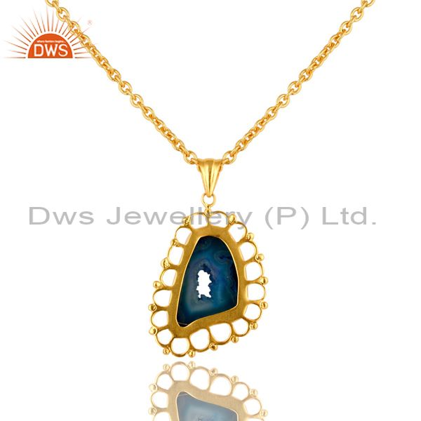 Exporter Handmade Blue Druzy Slice Agate Gold Plated Designer Pendant Necklace