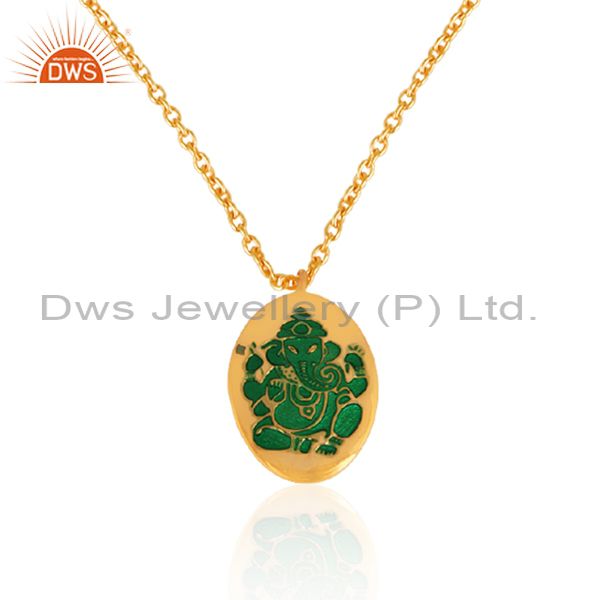 Designer ganesha necklace in yellow gold on silver and green enamel