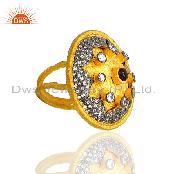 Exporter 22K Yellow Gold Plated Brass Pink Glass And Cubic Zirconia Antique Cocktail Ring