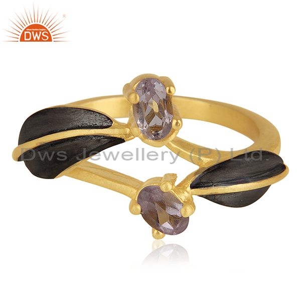 Exporter Indian Handmade 18k Yellow Gold Plated Over Brass Natural Gemstone Amethyst Ring