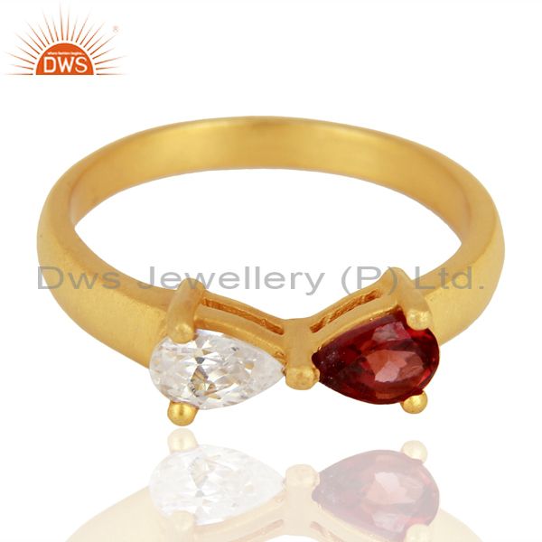 Exporter 22K Yellow Gold Plated Brass Natural Garnet And Cubic Zirconia Fashion Ring
