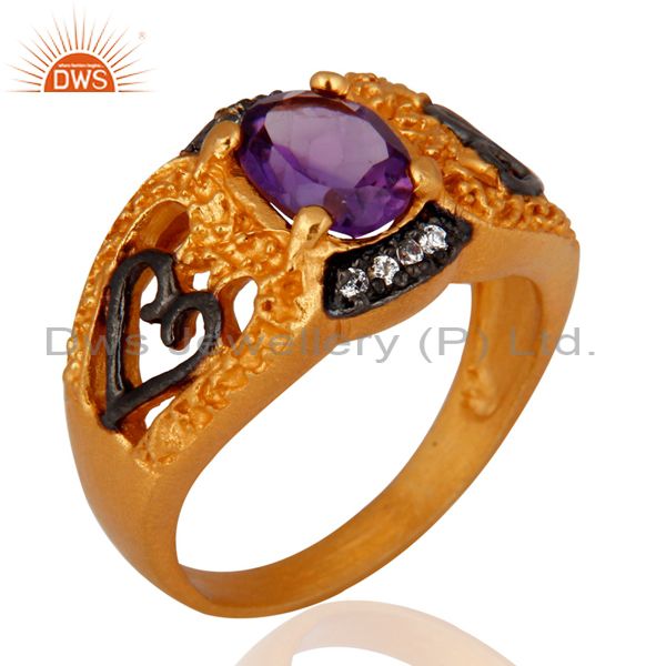 Exporter Handmade Natural Amethyst Gemstone 18k Yellow Gold Plated Ladies Fashion Ring