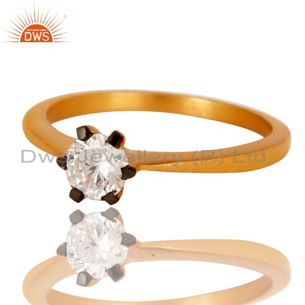 Exporter 18K Yellow Gold Plated White Cubic Zirconia Solitaire Womens Engagement Ring