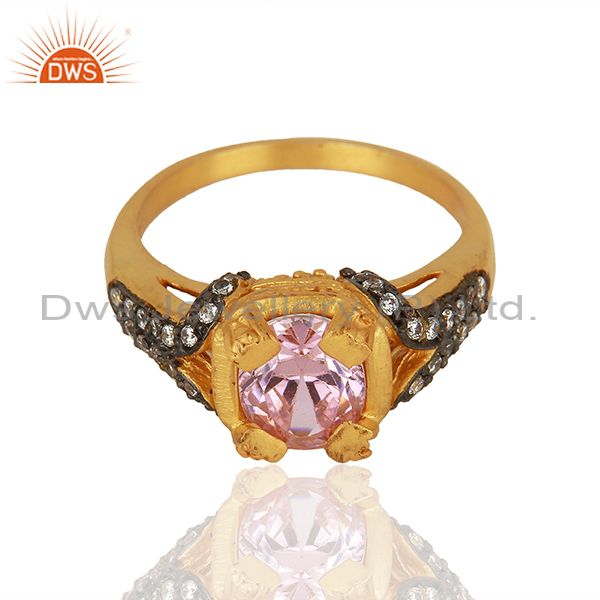 Exporter 22K Yellow Gold Plated Brass Pink Cubic Zirconia Womens Fashion Ring