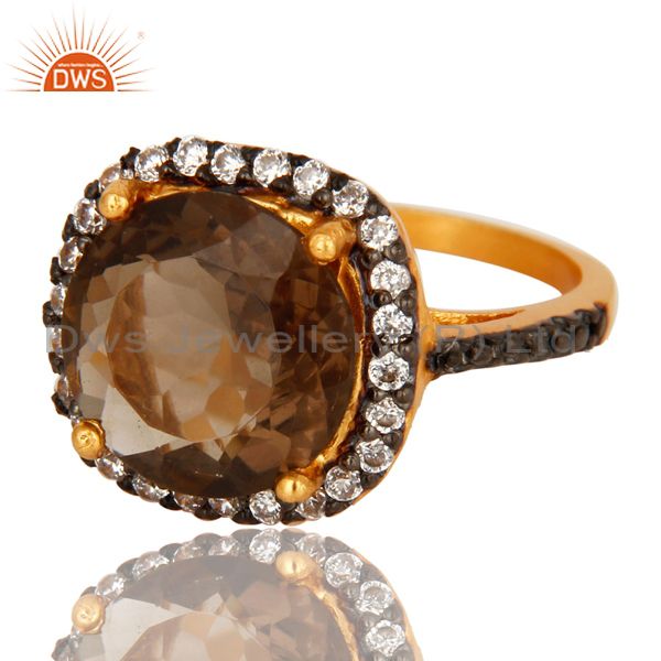 Exporter 22K Yellow Gold Plated Brass Smoky Quartz And Cubic Zirconia Ladies Fashion Ring