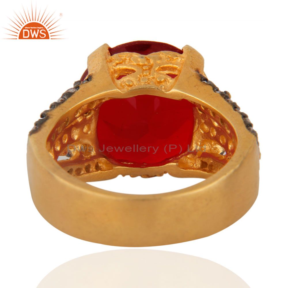 Exporter 18K Yellow Gold Plated Red Glass & White Cubic Zirconia Fashion Ring For Women