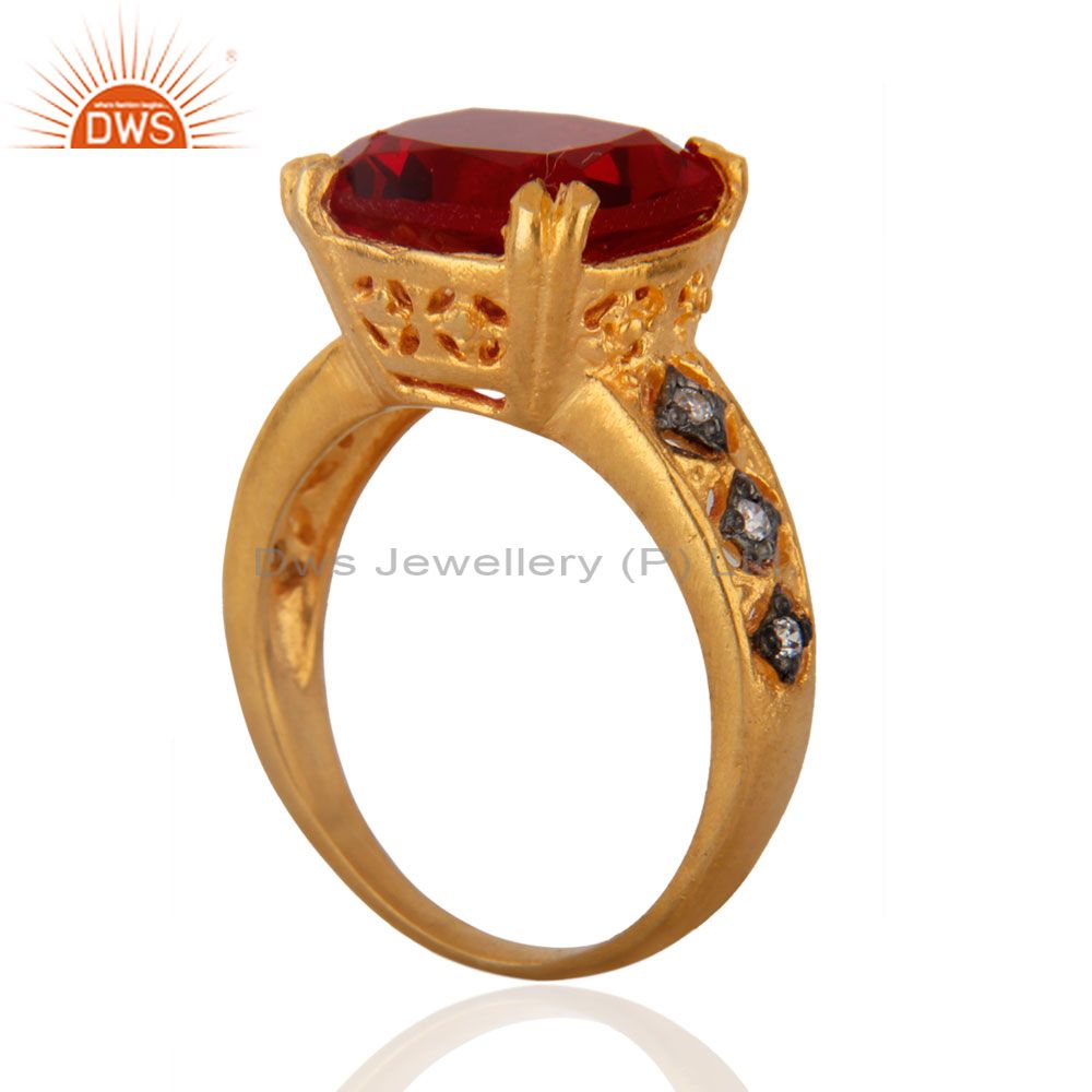 Exporter Dark Garnet Red Glass Cubic Zirconia 18K Yellow Gold Plated Ring Gift For Womens