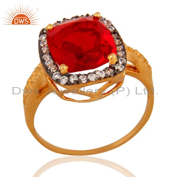 Exporter 24k Yellow Gold Plated Dark Red Glass Ring Zircon White Ladies FASHION Ring