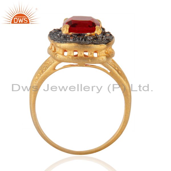 Exporter Handmade 18k Yellow Gold Over Brass Red Glass & Zirconia Solitaire Ring Jewelry