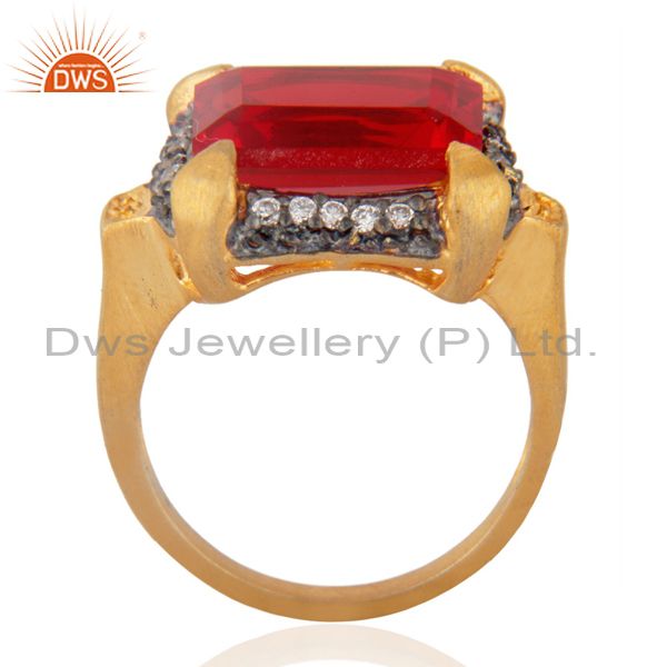 Exporter Cheap Fashion Garnet Color Red Glass Cocktail Yellow Gold Plated Zircon Ring sz