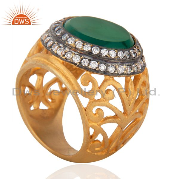 Exporter Natural Semi Precious Gemstone Green Onyx Handmade Filigree Design Ring Size 6.5