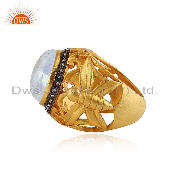 Exporter Natural Rainbow Moonstone 24k Yellow Gold Plated White Zircon Designer Ring