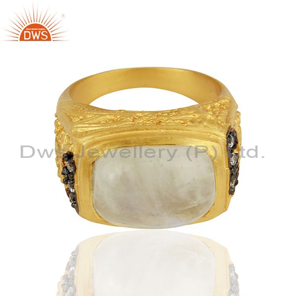 Exporter 14K Yellow Gold Plated Brass Rainbow Moonstone Designer Ring With CZ