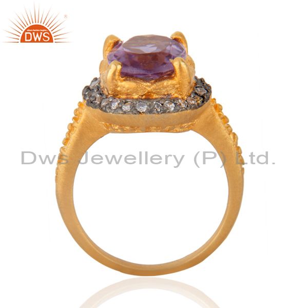 Exporter Natural Amethyst Prong Setting Gemstone White Zircon 18K Yellow Gold Plated Ring