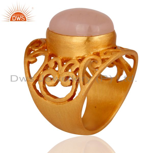 Exporter 18-Karat Heavy Yellow Gold-Plated Natural Rose Chalcedony Gemstone Handmade Ring