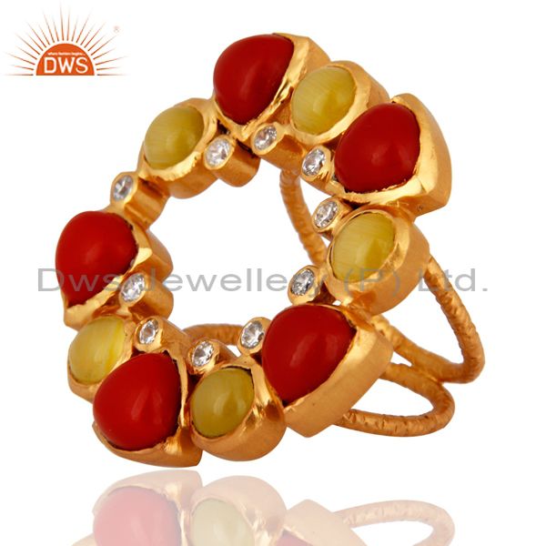 Exporter Handmade Yellow Moonstone And Red Coral Cocktail Gold Plated Ring With CZ