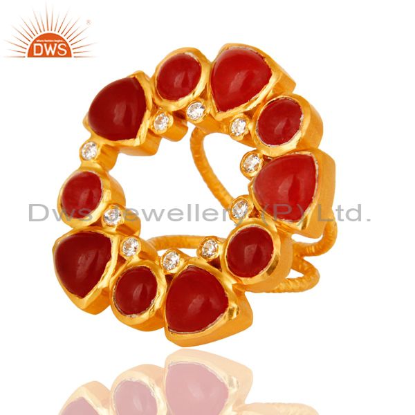 Exporter Natural Red Aventurine 22K Yellow Gold Plated Split Shank Ring With CZ
