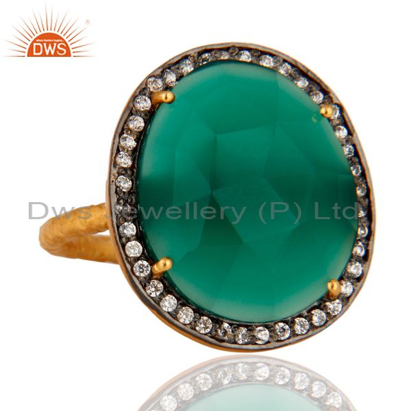 Exporter Natural Faceted Green Onyx Gemstone Prong Set 22k Gold Plated Ring With CZ
