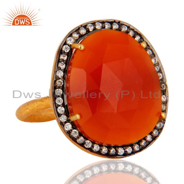 Exporter Handmade 22K Yellow Gold Plated Natural Red Onyx Faceted Gemstone Ring With CZ