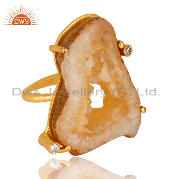 Exporter Natural Druzy Agate Prong Setting Yellow Gold Plated Cocktail Ring