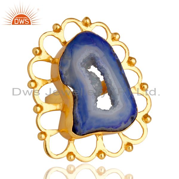 Exporter Handcrafted Blue Druzy Agate 24k Yellow Gold Plated Designer Ring