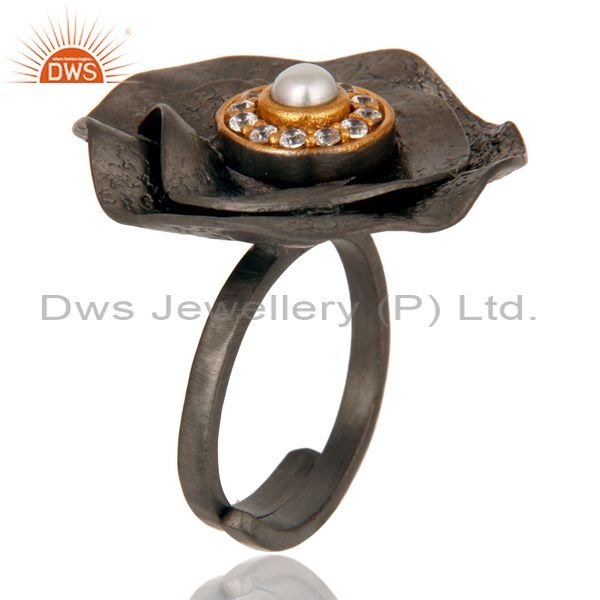 Exporter Pearl and White Zircon Black Oxidized Textured Folied Adjustable Ring