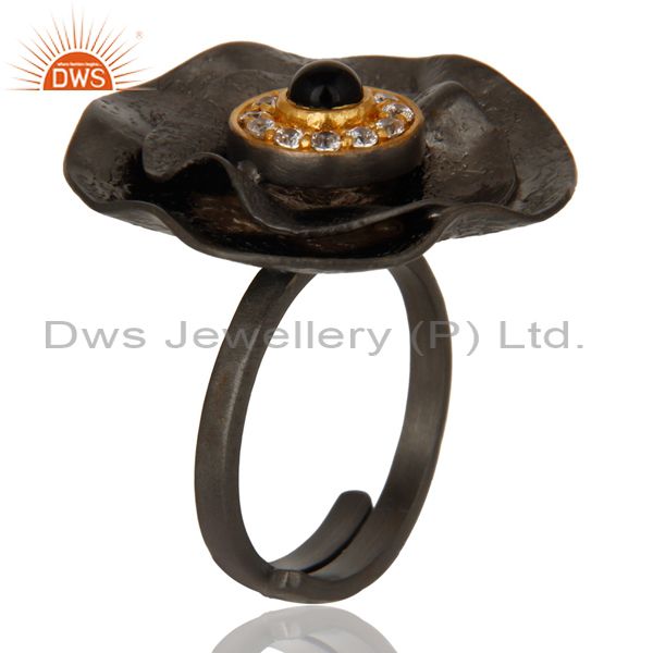 Exporter Black Oxidized Black Onyx and White Zircon Textured Folied Adjustable Ring