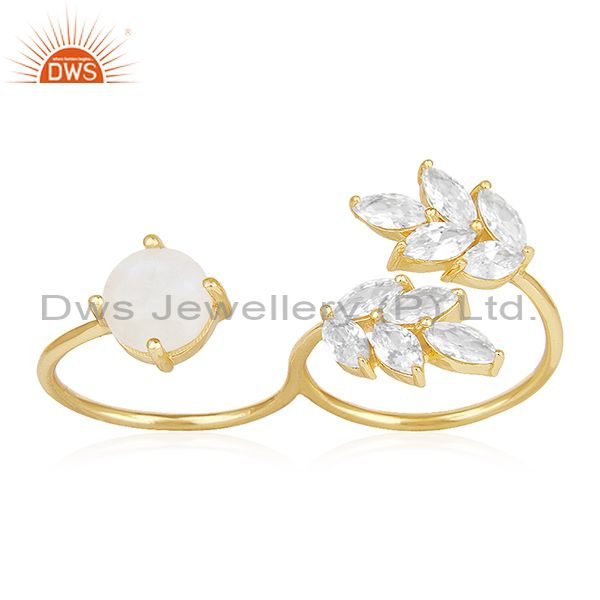 Exporter Fashion Multi Gemstone Gold Plated Brass Double Finger Fashion Ring Manufacturer