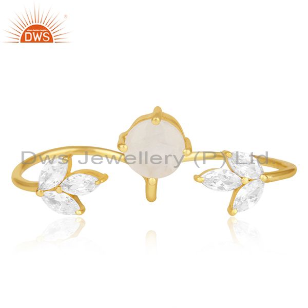 Exporter Gold Plated Brass Double Finger Ring With White Zircon and Rainbow Moonstone