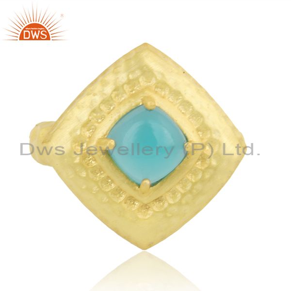 Hammered handcrafted fashion ring with gold on and aqua chalcedony