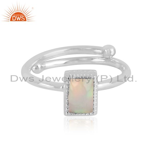 Rectangle Cut Ethiopian Opal Set Fine Silver Classic Ring