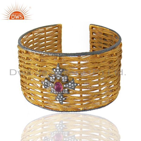 Exporter 22K Yellow Gold Plated Brass Pink Tourmaline And CZ Woven Wide Cuff Bangle