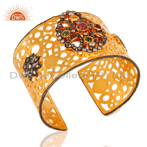 Exporter Hand-crafted 18K Yellow Plated Brass Filigree Design Cuff Bracelet With Tourmali