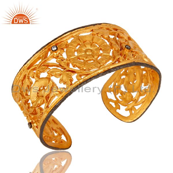 Exporter 18K Yellow Gold Plated Brass Flower Filigree Wide Cuff Bracelet With CZ