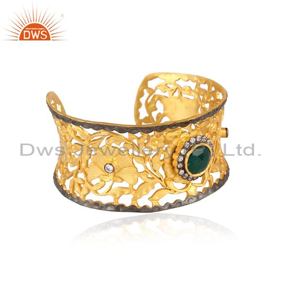 Exporter Green Onyx And White Zircon 18K Yellow Gold Plated Designer Cuff Bracelet