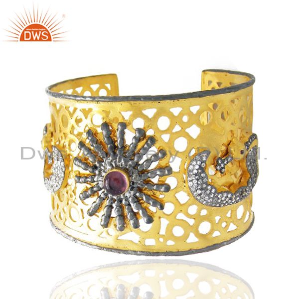 Exporter 22K Yellow Gold Plated Brass Pink Glass And CZ Filigree Peacock Cuff Bracelet